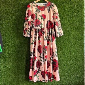 Rose Print Gathered Waist Dress